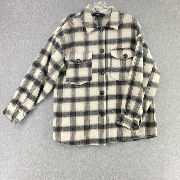 Forever 21 Shacket Womens‎ Small Gray Buffalo Plaid Shirt Heavy Casual Button - Picture 1 of 7